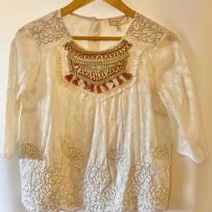Anthropologie embellished yoke top beaded tassel